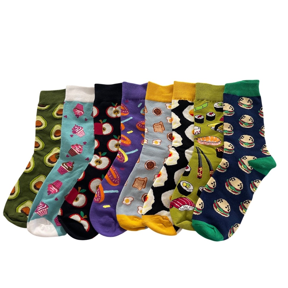 8 Pair Colorful Food Crew Socks Bundle Novelty Sushi Apple Donut Cupcake NEW
